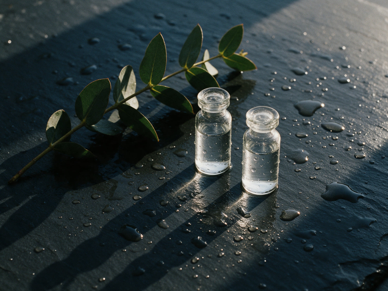 Glass serum bottles and eucalyptus on dark stone